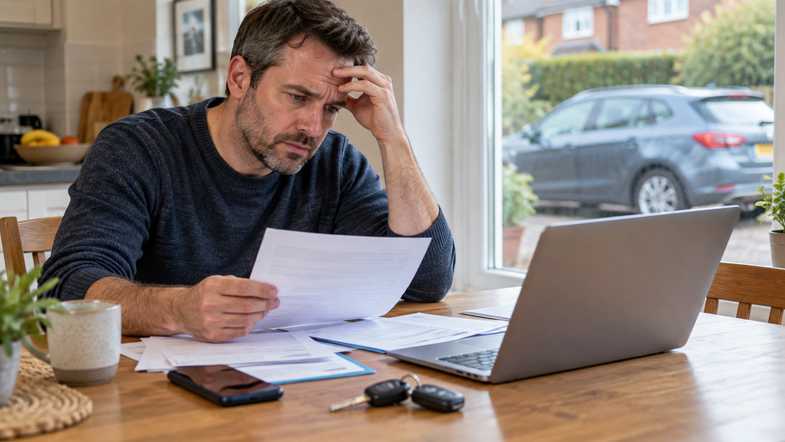 A motorist reviewing paperwork and car cover documents at home