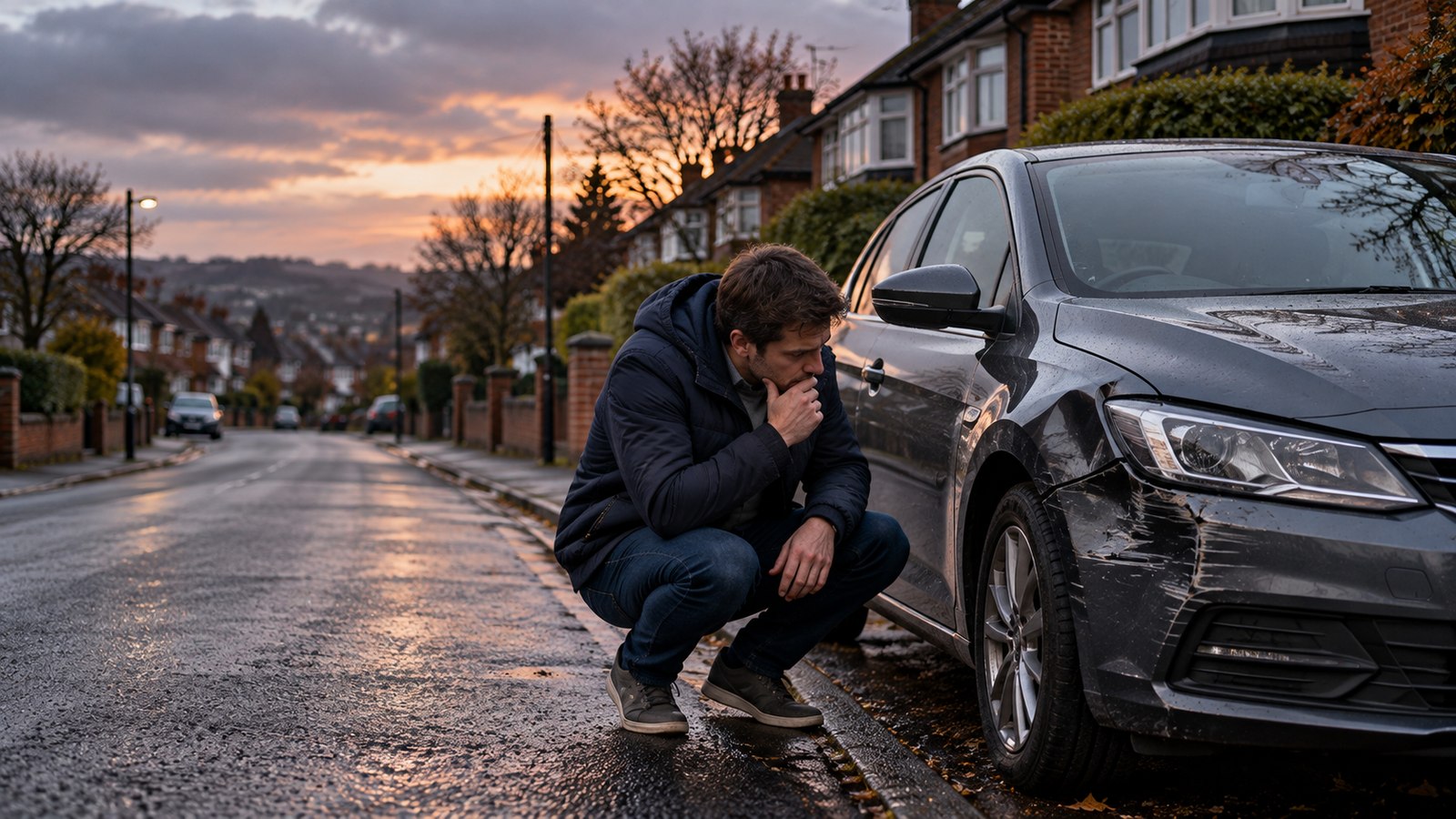 A driver inspecting minor damage to a car on a British street