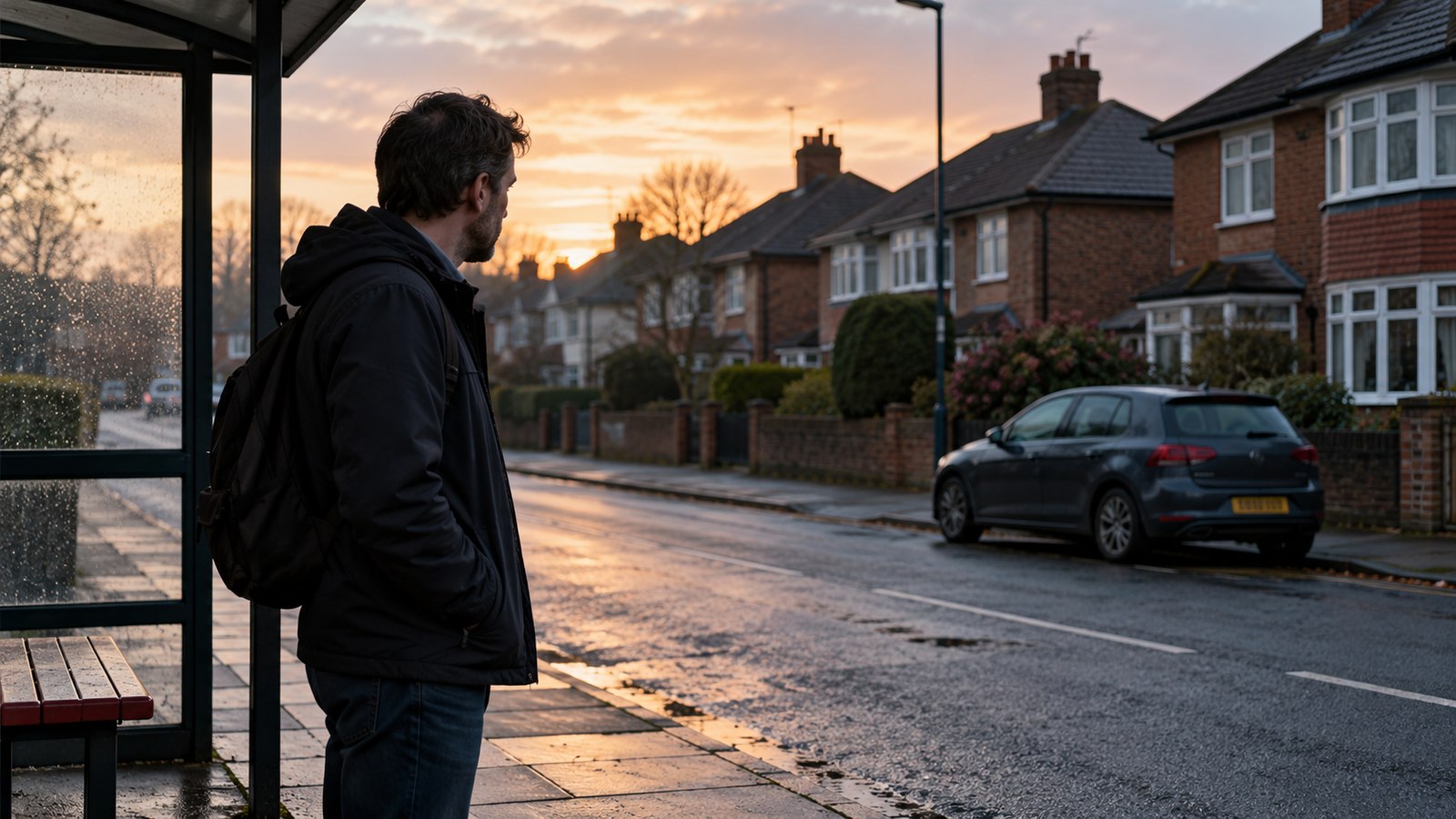 A motorist waiting at a bus stop on a British residential street
