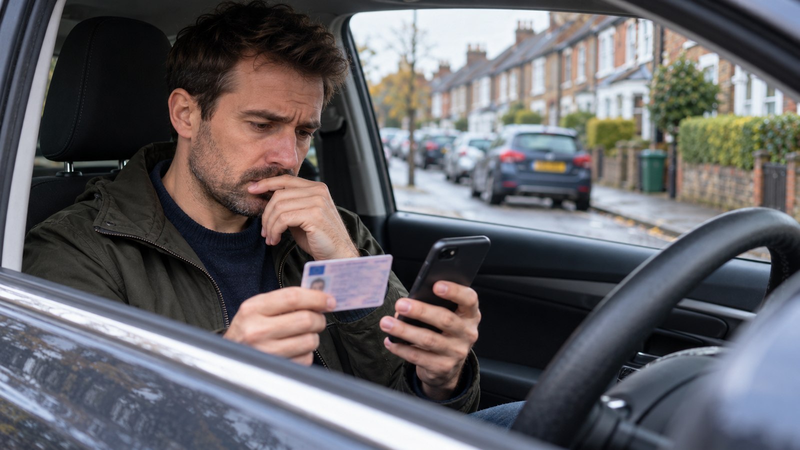 A driver checking details on a phone while parked