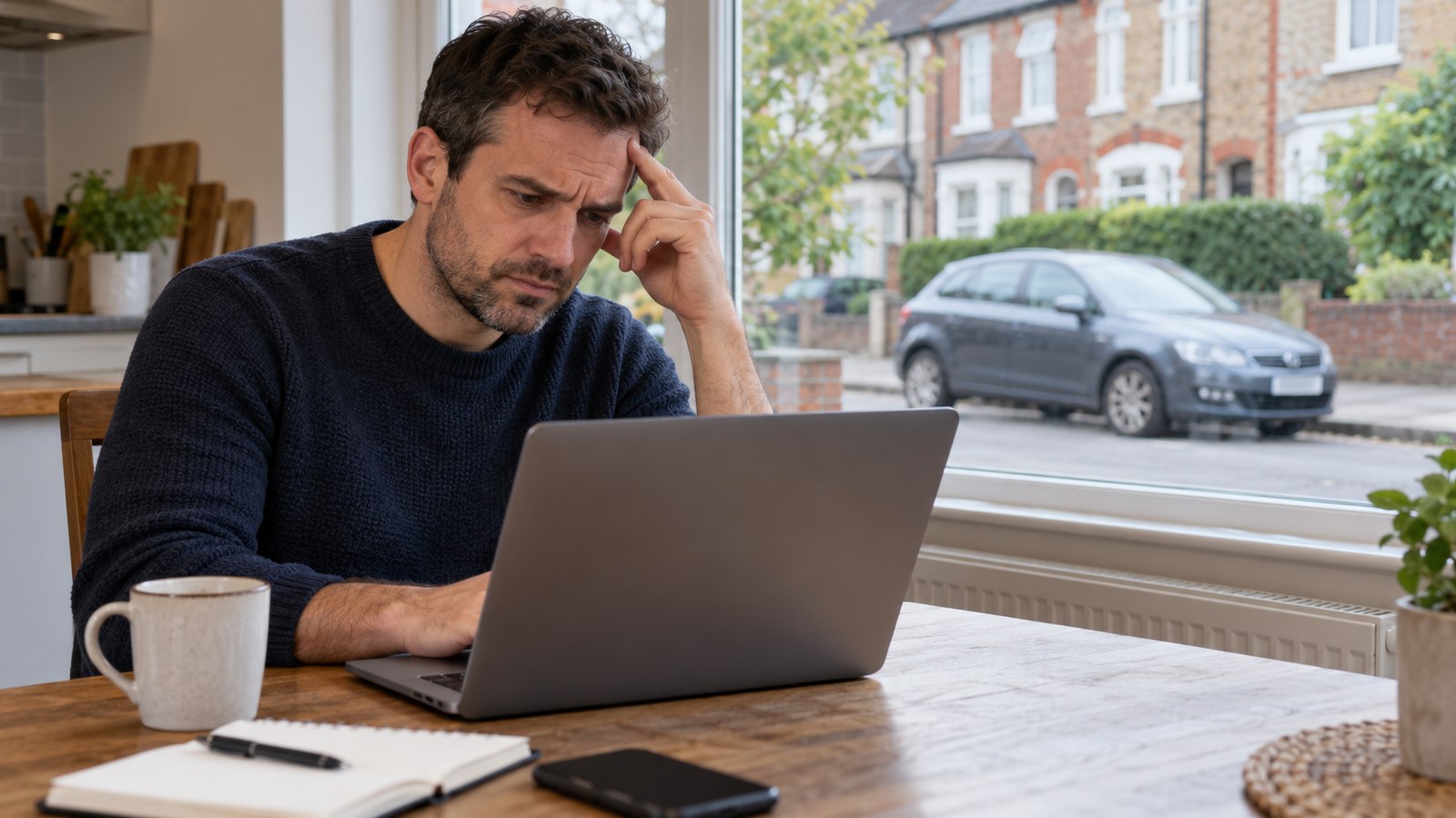 A motorist checking information on a laptop at home