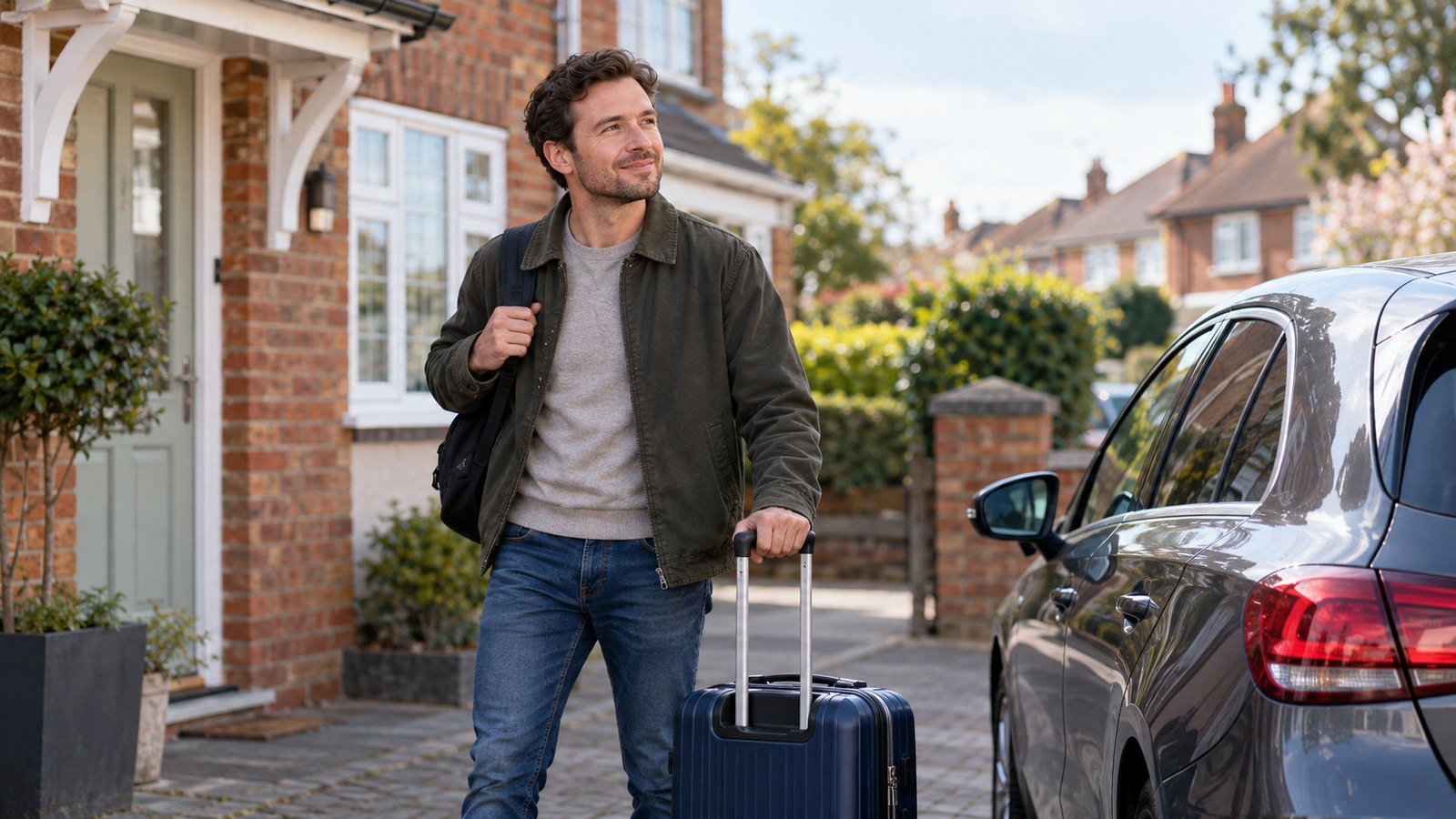 A motorist returning home with luggage beside a car