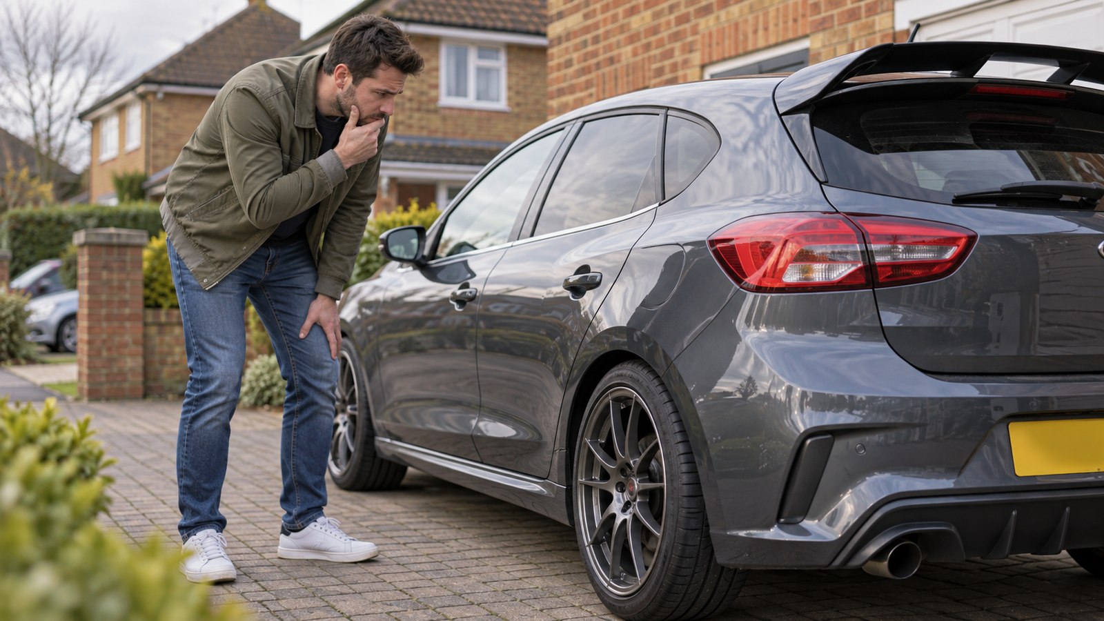 A motorist inspecting a modified hatchback on a driveway