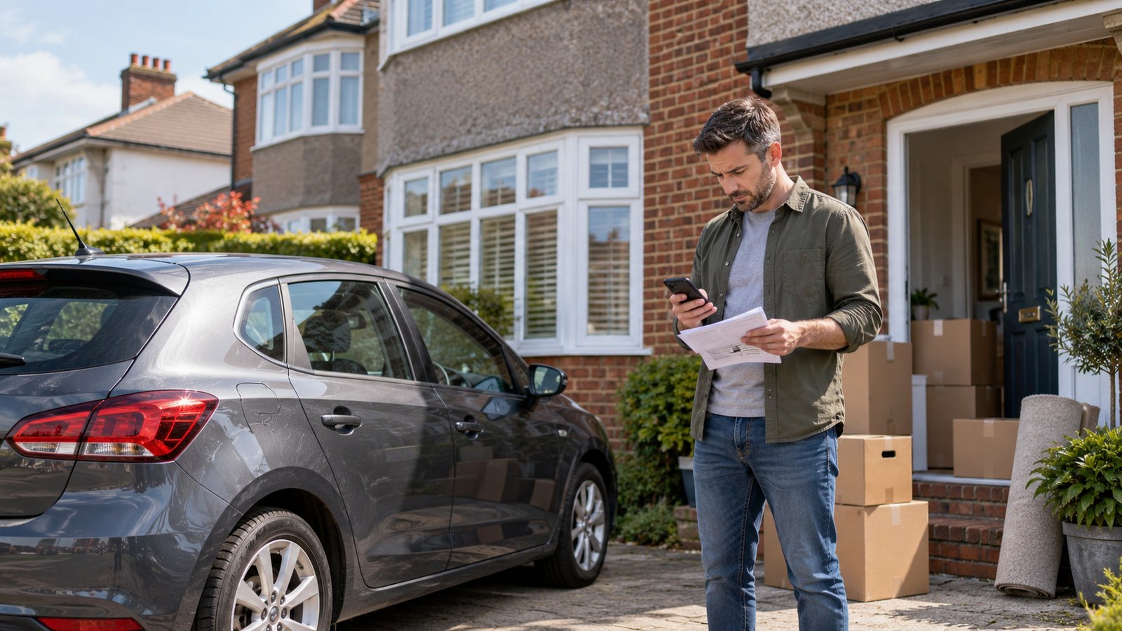 A motorist checking paperwork during a house move